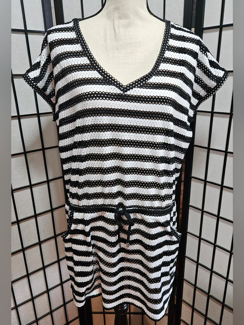 Calvin Klein S/M Black & White Striped Crochet Drawstring Cover -Up Tunic Dress